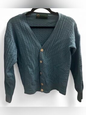 Vintage 80s Wool Classic Cable-Knit V-Neck Cardigan Sweater Bobby Jones in Teal